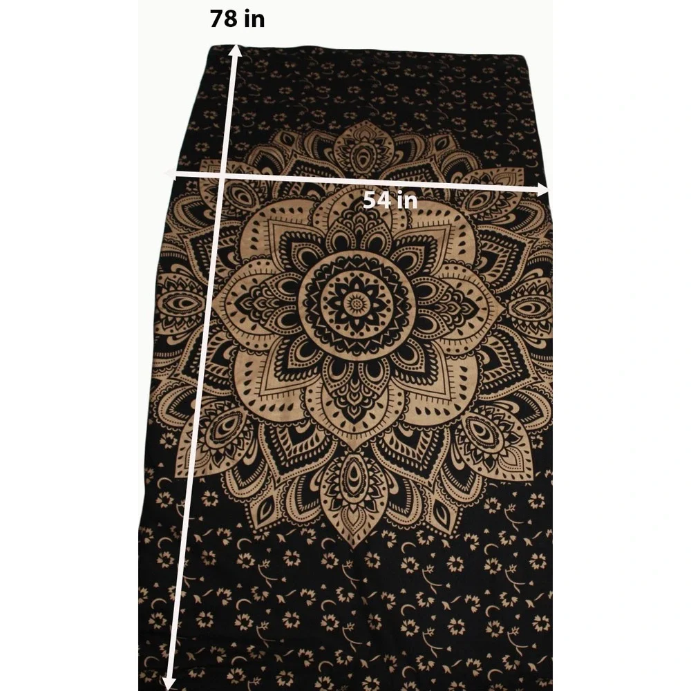 Black and Gold Mandala Tapestry Bohemian Wall Hanging Floral Medallion 78x54